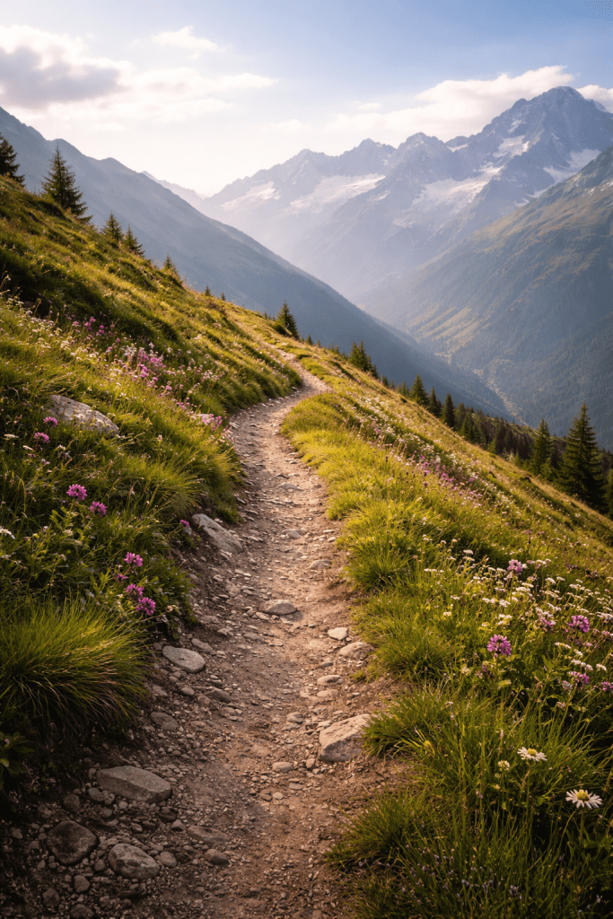 Sentier de montagne serpentant dans un paysage alpin, symbole d’un chemin personnel vers l’équilibre intérieur.